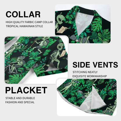 Detailed view of the alien hawaiian shirt fabric and pattern