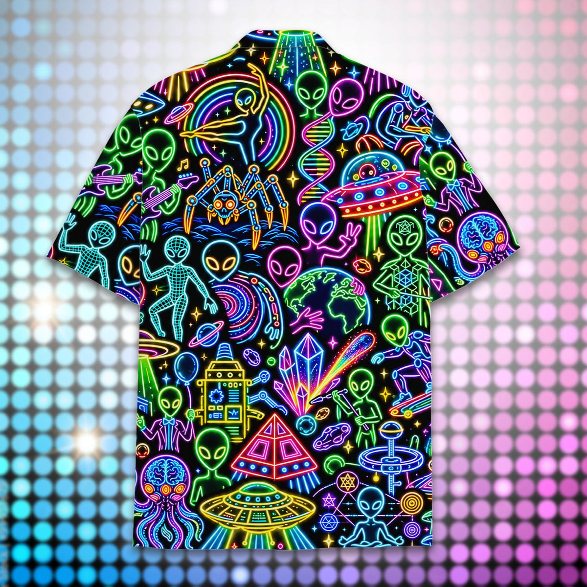 Detailed back view of the black alien hawaiian shirt