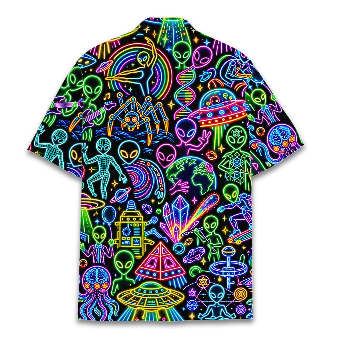 Back view of the alien neon hawaiian shirt showing flying saucers and planets