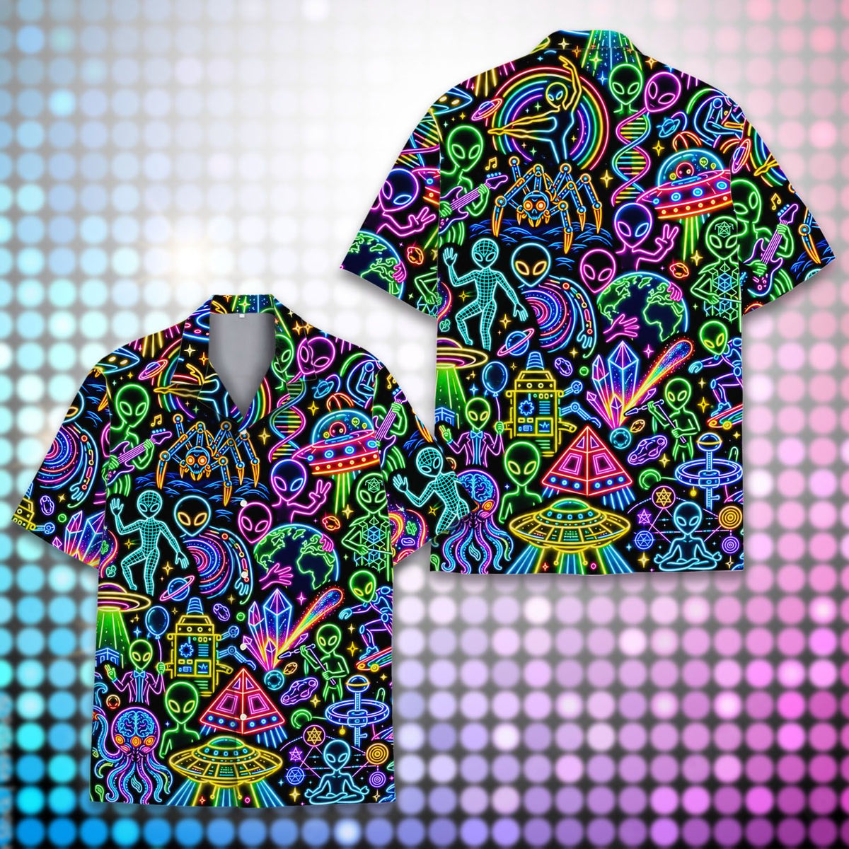 Detailed front view of the matching family hawaiian shirt in alien neon print