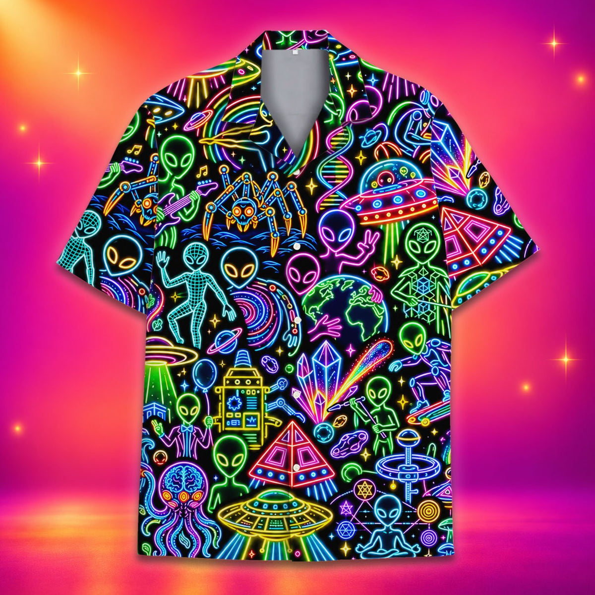 Close-up front view of the alien neon hawaiian shirt collar and buttons