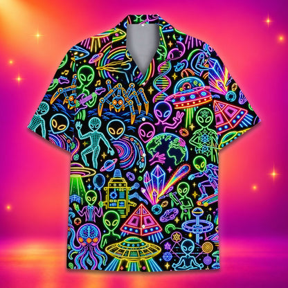 Close-up front view of the alien neon hawaiian shirt collar and buttons