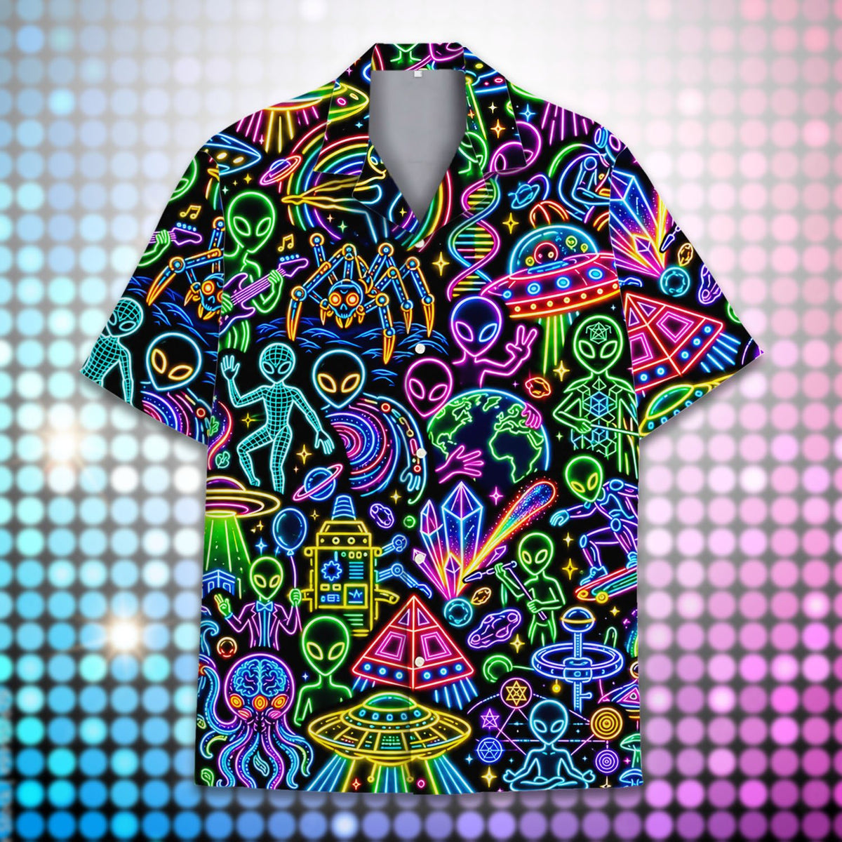 Close-up view of the neon space pattern on the alien neon hawaiian shirt