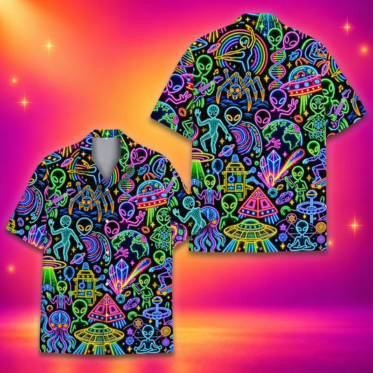 Main view of the alien neon hawaiian shirt featuring glowing space motifs on a black background
