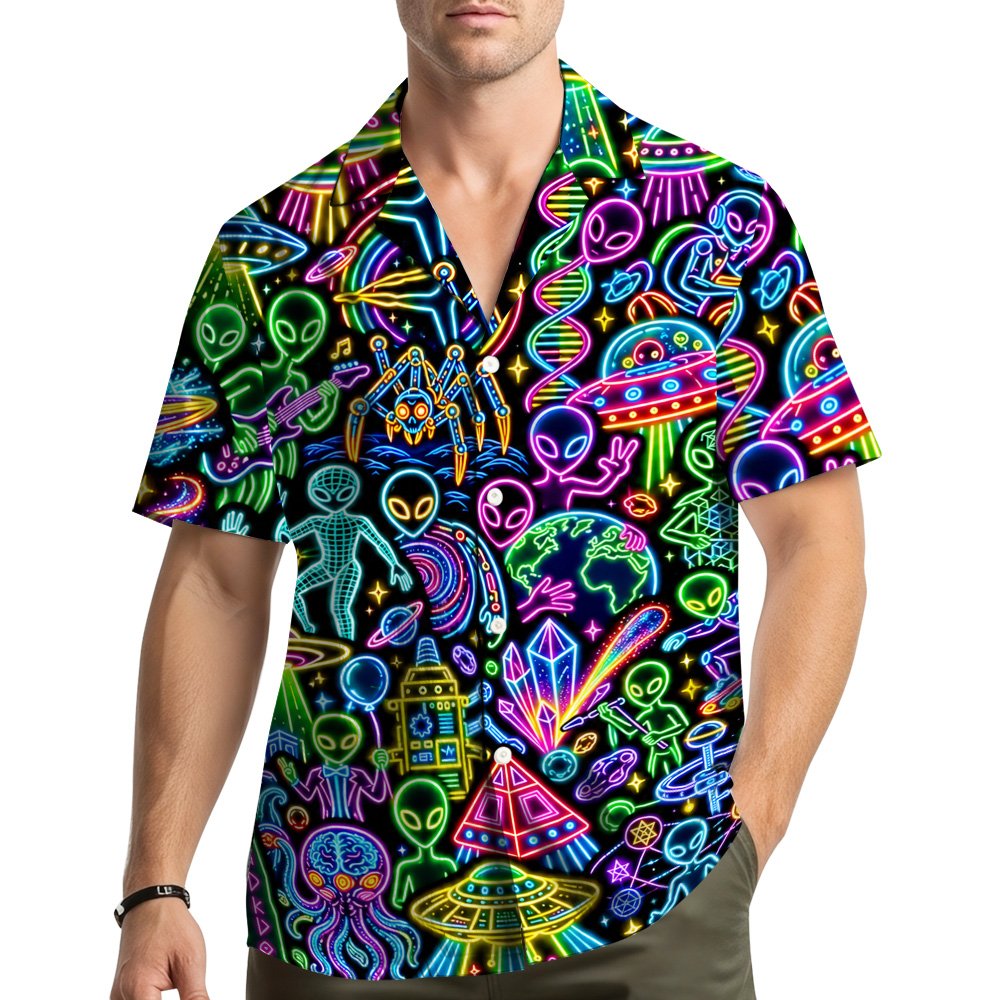 Second lifestyle view of the alien neon hawaiian shirt worn outdoors