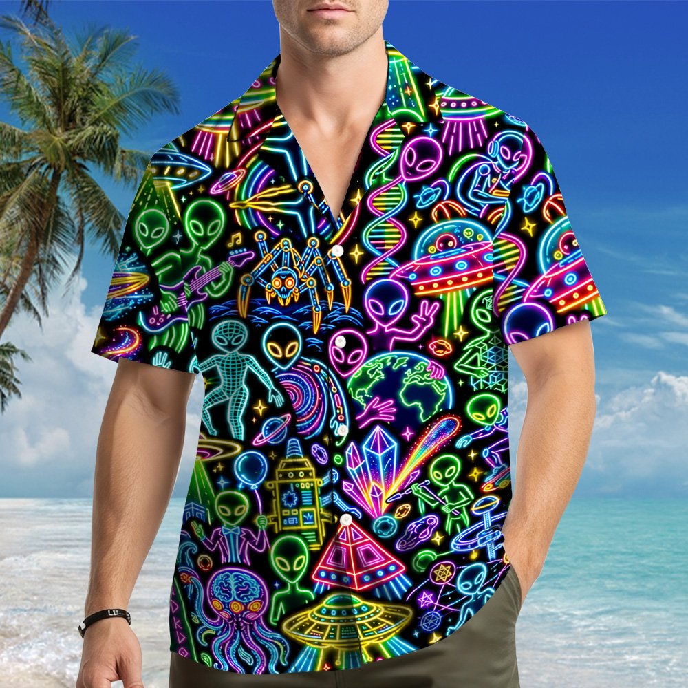 Lifestyle view of a person wearing the matching family hawaiian shirt in alien neon print