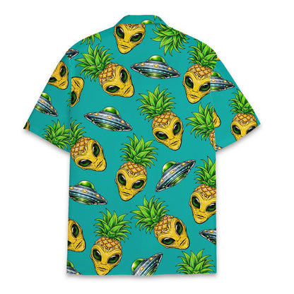 Back view of the teal hawaiian shirt featuring alien and UFO patterns