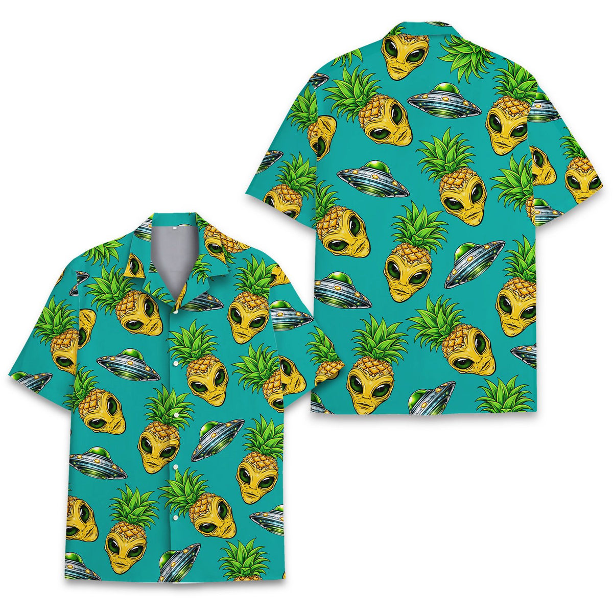 Front view of the teal alien pineapple hawaiian shirt