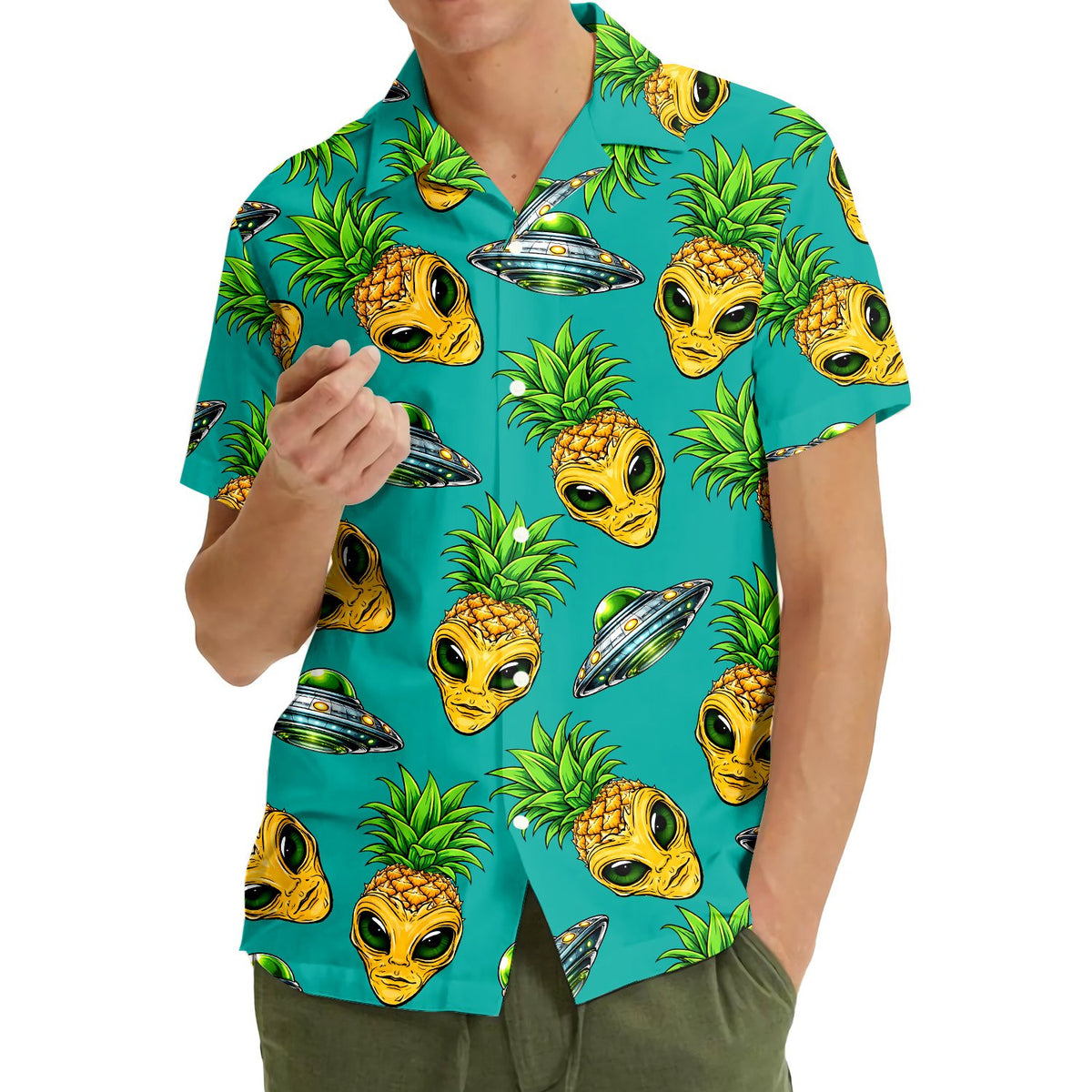 Lifestyle shot of the teal alien pineapple hawaiian shirt outdoors