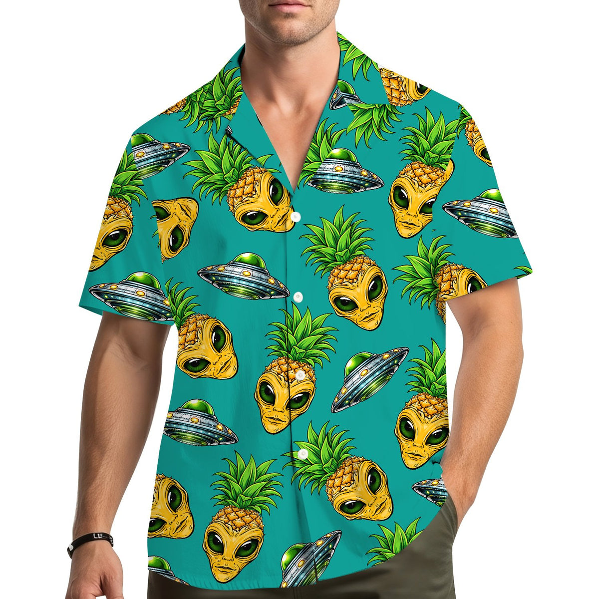 Adult wearing the matching family hawaiian shirt with alien pineapples, lifestyle view