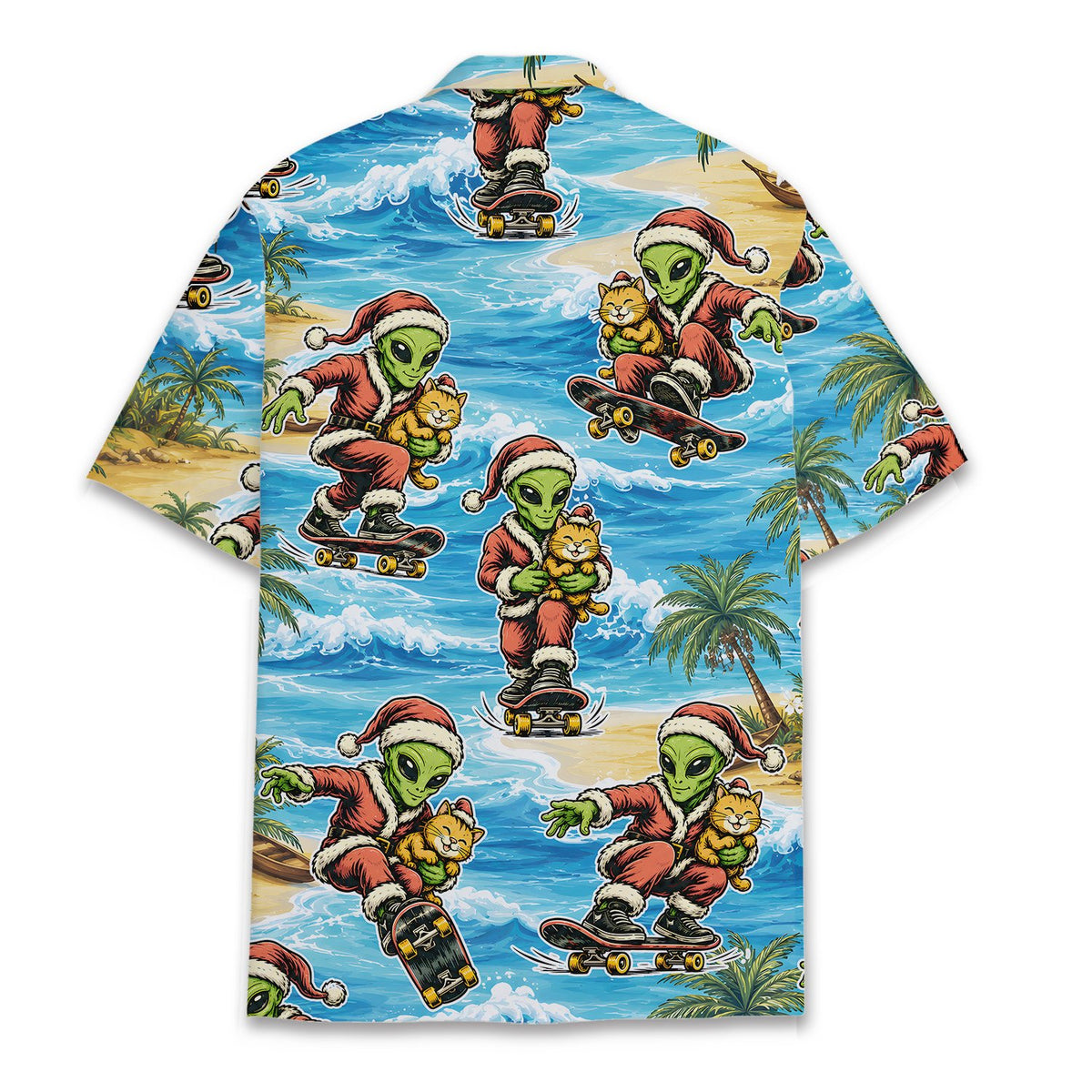 Back view of the alien santa holiday hawaiian shirt