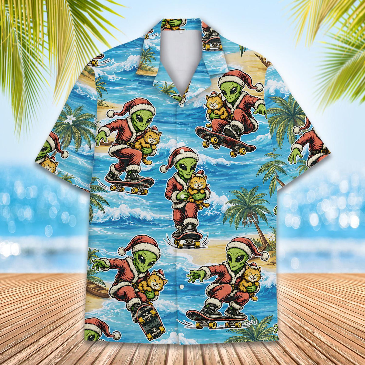 Close-up front detail of the alien hawaiian shirt design with palm trees and beach