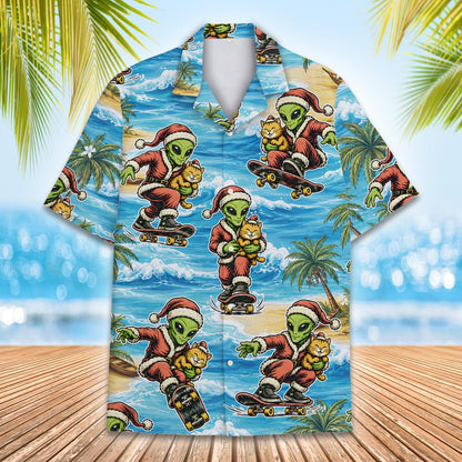 Close-up front detail of the alien hawaiian shirt design with palm trees and beach