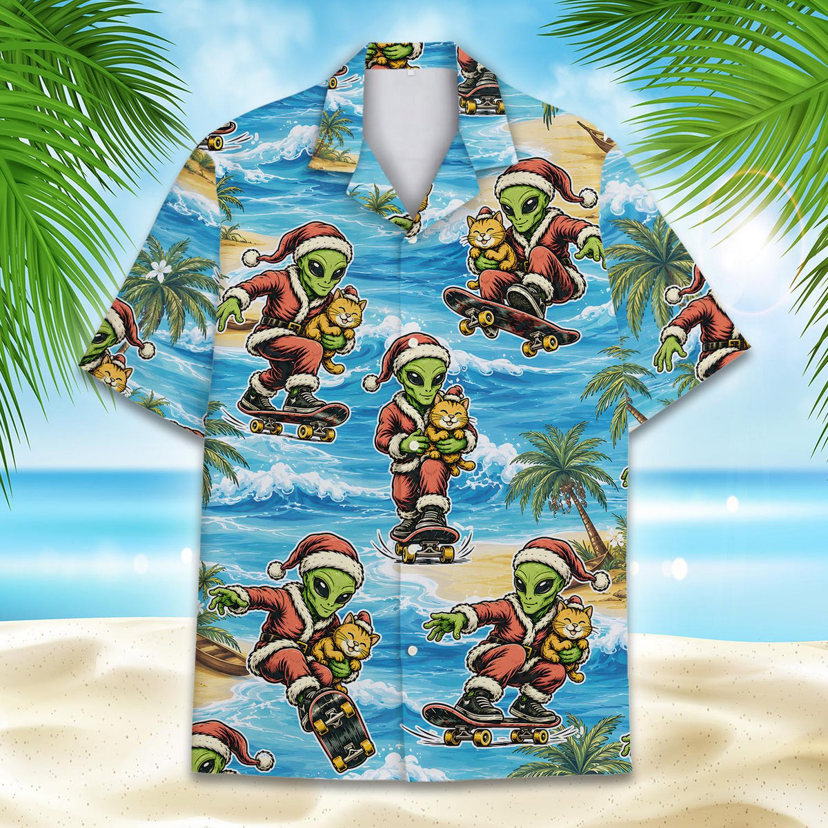 Another front view showing the tropical beach pattern and skateboarding alien