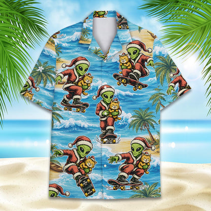Another front view showing the tropical beach pattern and skateboarding alien