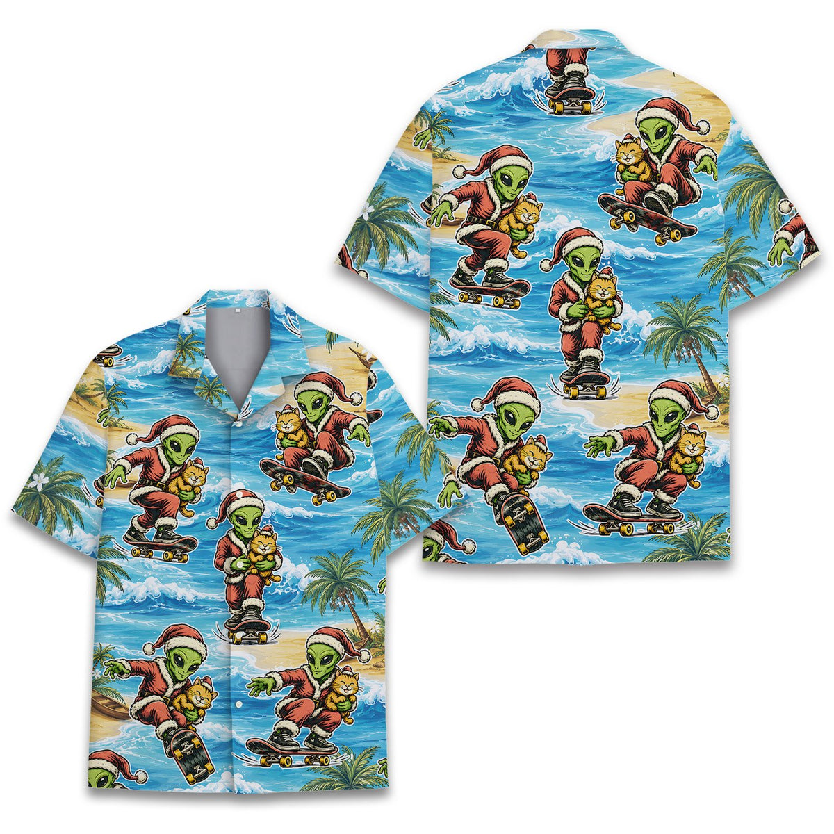 Full front view of the matching family hawaiian shirt in light blue