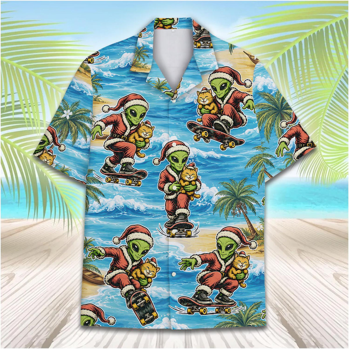 Santa in a hawaiian shirt featuring an alien and cat on a tropical beach, main view