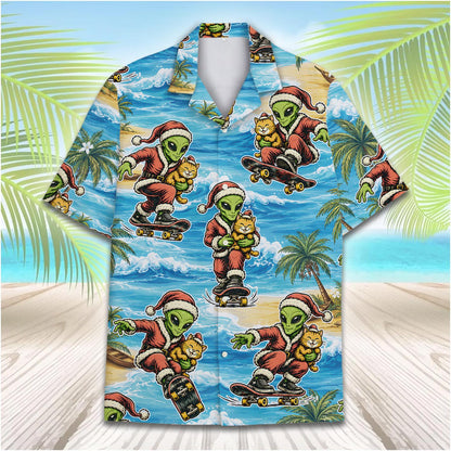 Santa in a hawaiian shirt featuring an alien and cat on a tropical beach, main view