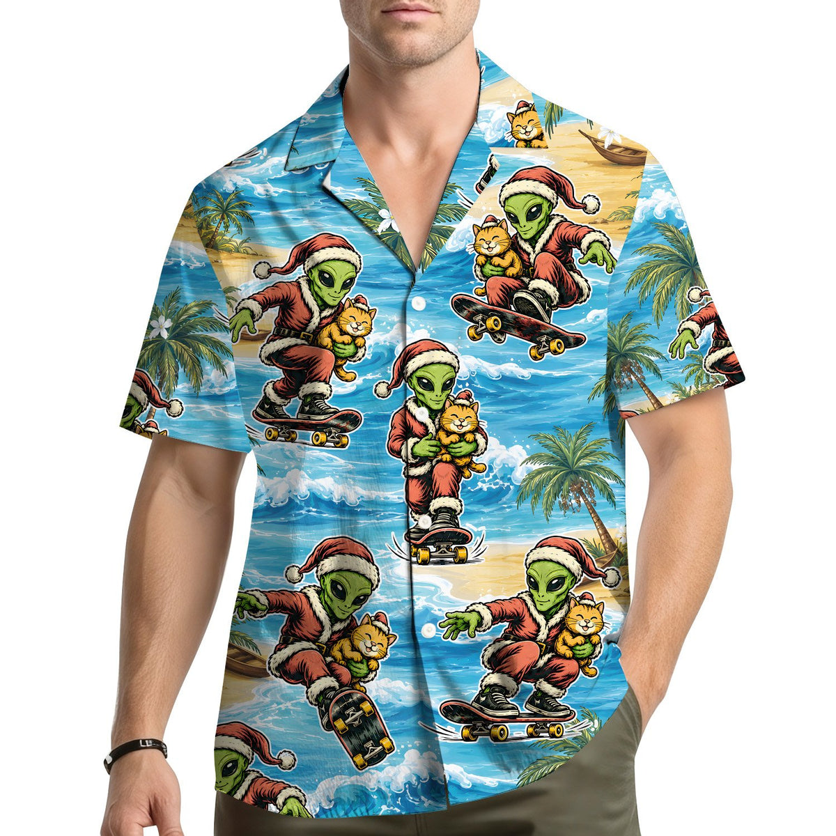 Lifestyle view of an adult wearing the alien santa cat hawaiian shirt outdoors