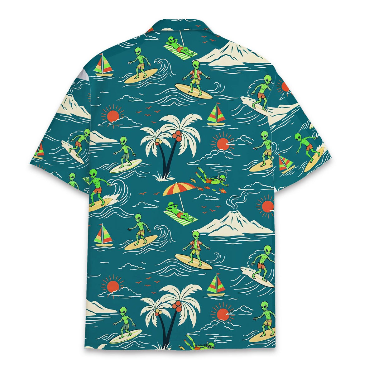Back view of the matching family hawaiian shirt with alien design