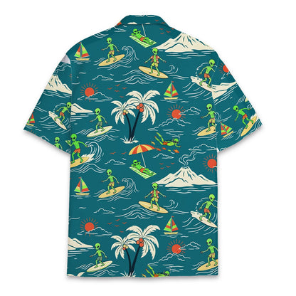 Back view of the matching family hawaiian shirt with alien design