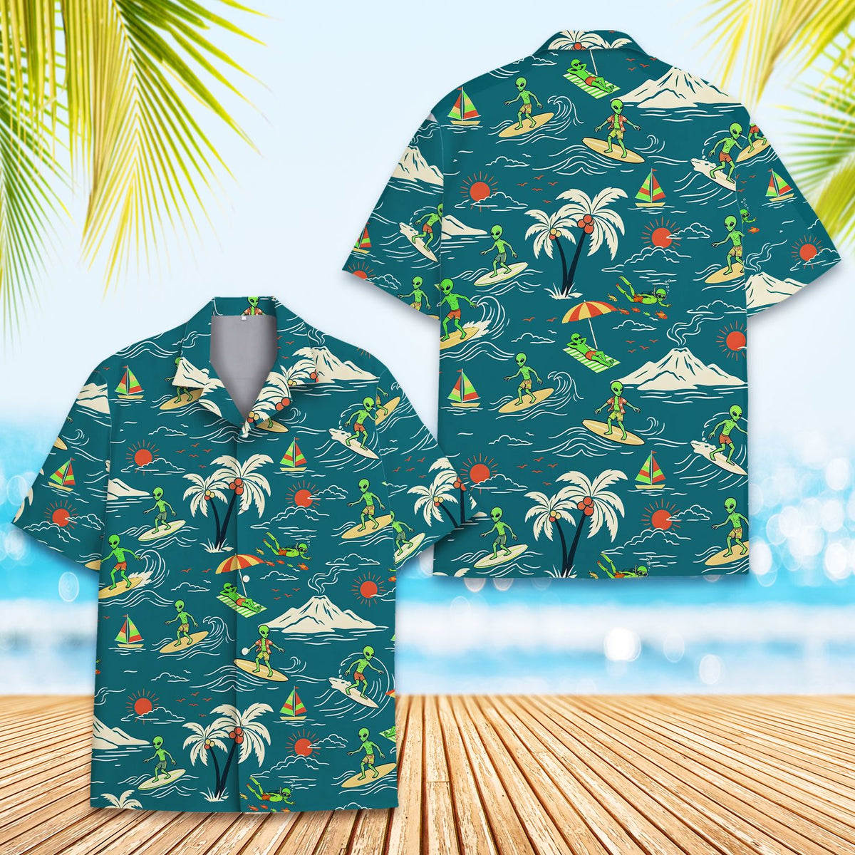 Detailed front view of the surf hawaiian shirt