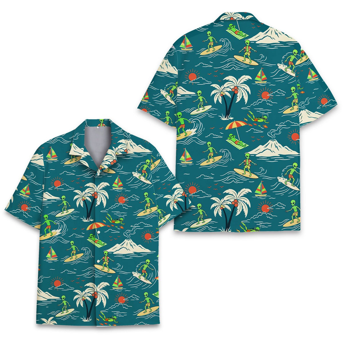 Close up front view of the alien beach print shirt