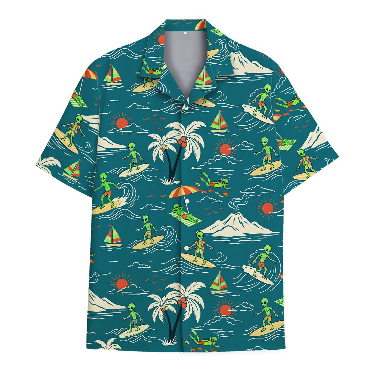 Alien surf hawaiian shirt featuring surfing green aliens on a teal background, main view