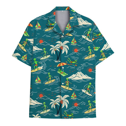 Front view of the teal alien surf hawaiian shirt