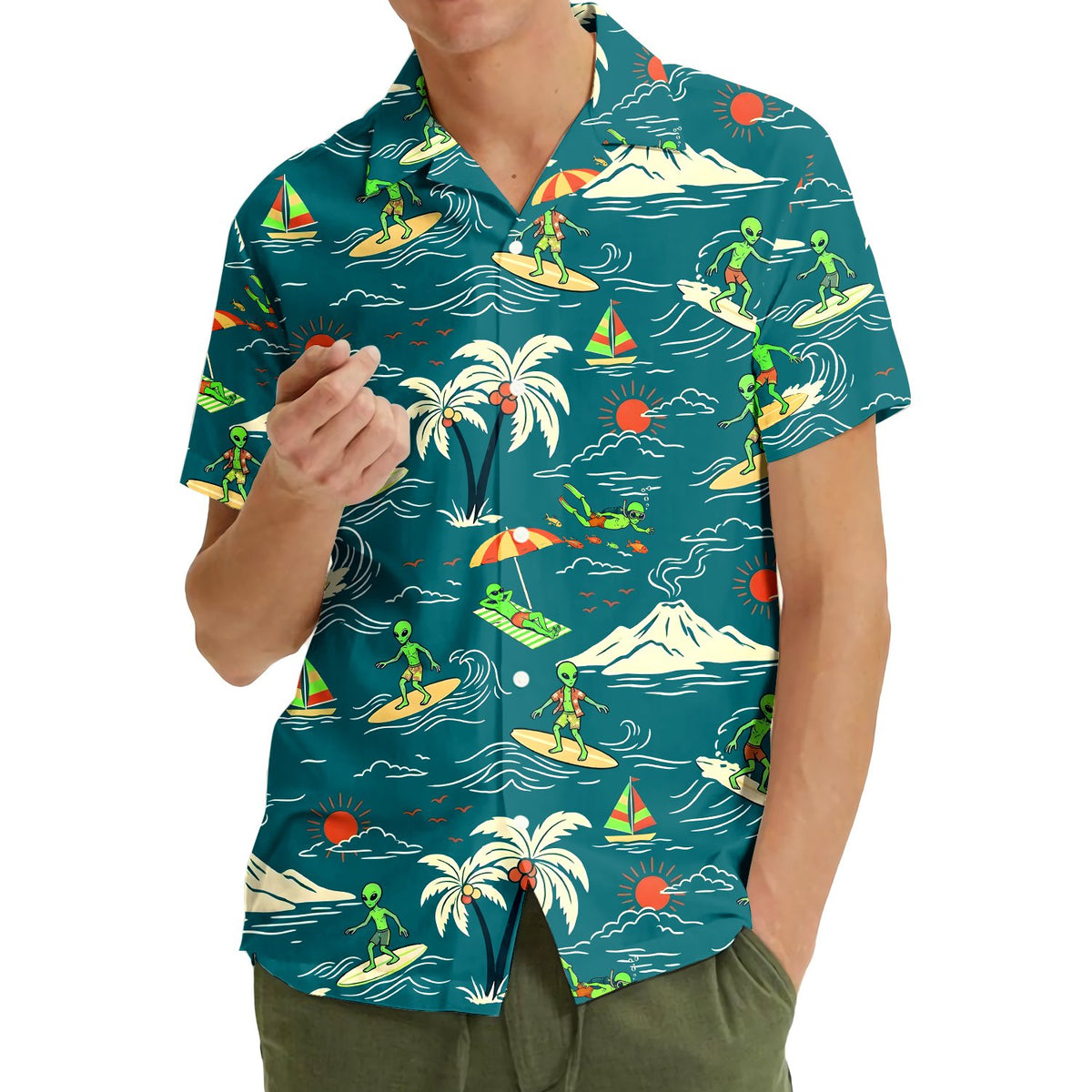 Second lifestyle view of the teal alien hawaiian shirt