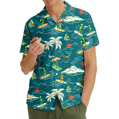 Second lifestyle view of the teal alien hawaiian shirt