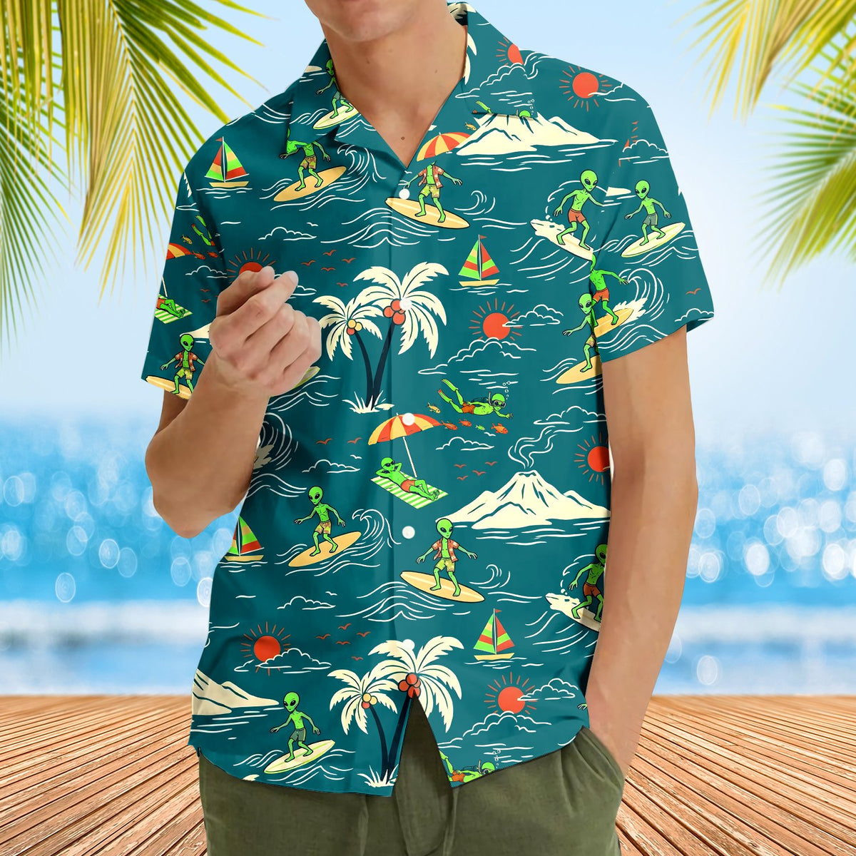 Third lifestyle shot showing the alien surf hawaiian shirt outdoors