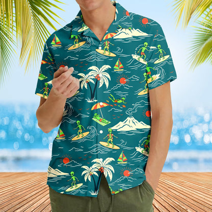 Third lifestyle shot showing the alien surf hawaiian shirt outdoors
