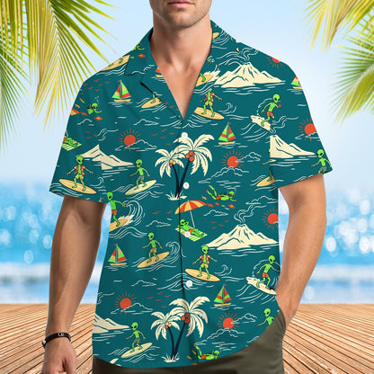 Lifestyle view of someone wearing the alien surf hawaiian shirt at the beach