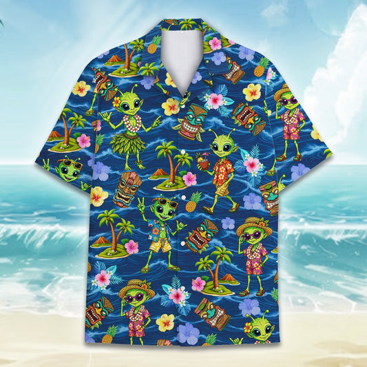 Alien tiki hawaiian shirt featuring green aliens and tropical print