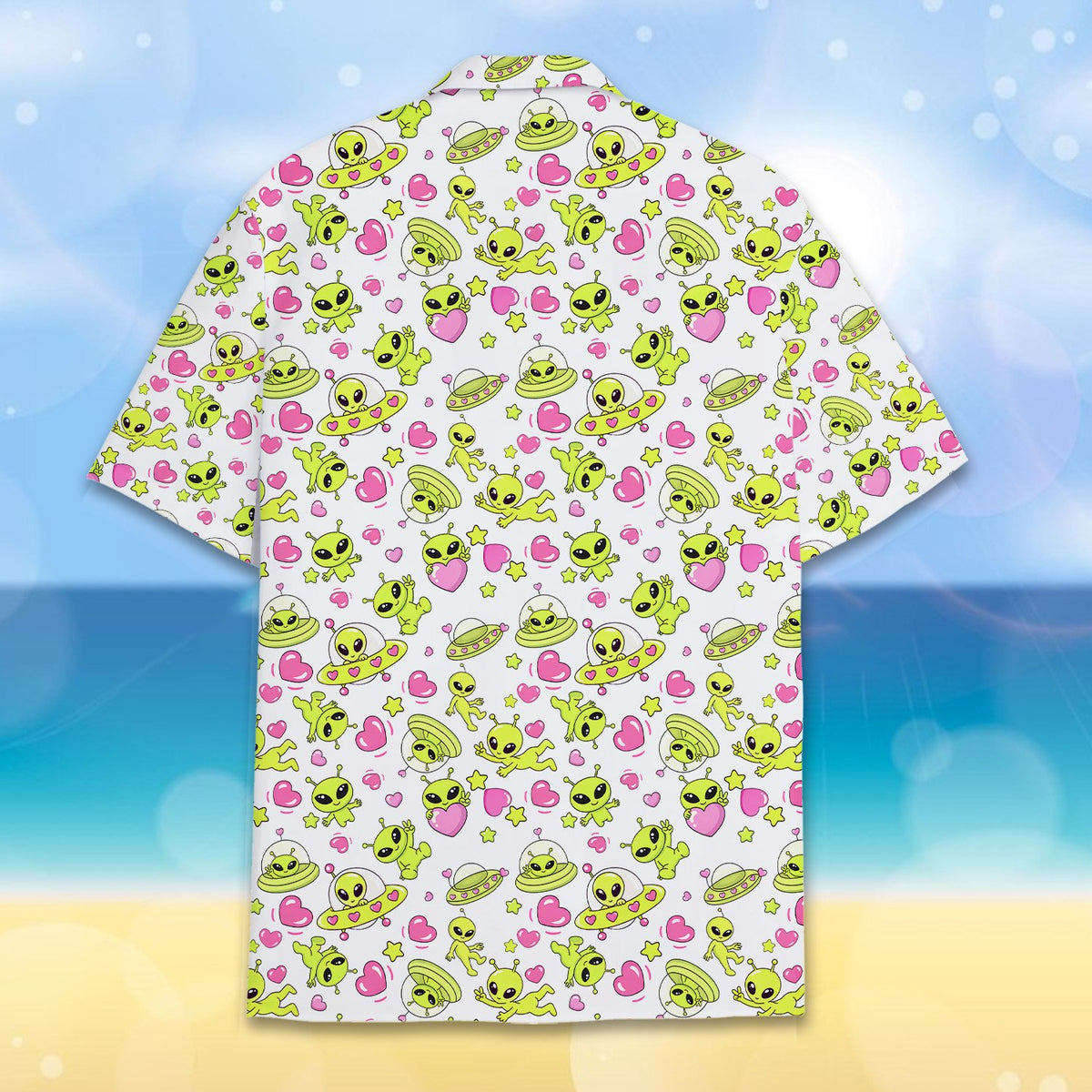Back view of the white alien hawaiian shirt showing UFOs and pink hearts