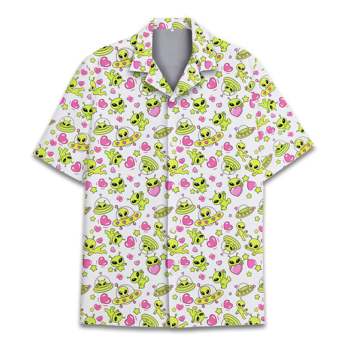 Close-up front view of the white alien hawaiian shirt pattern