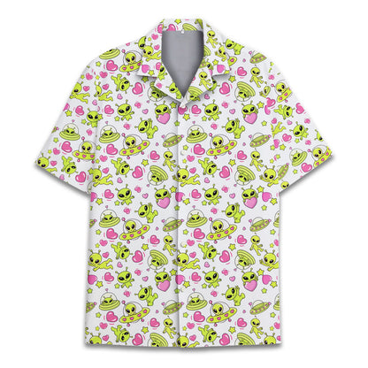 Close-up front view of the white alien hawaiian shirt pattern