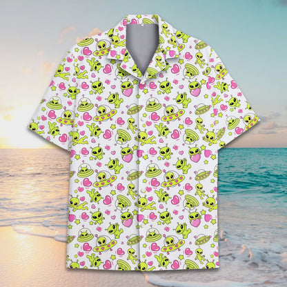 Front view of the alien hawaiian shirt with green cartoon extraterrestrials