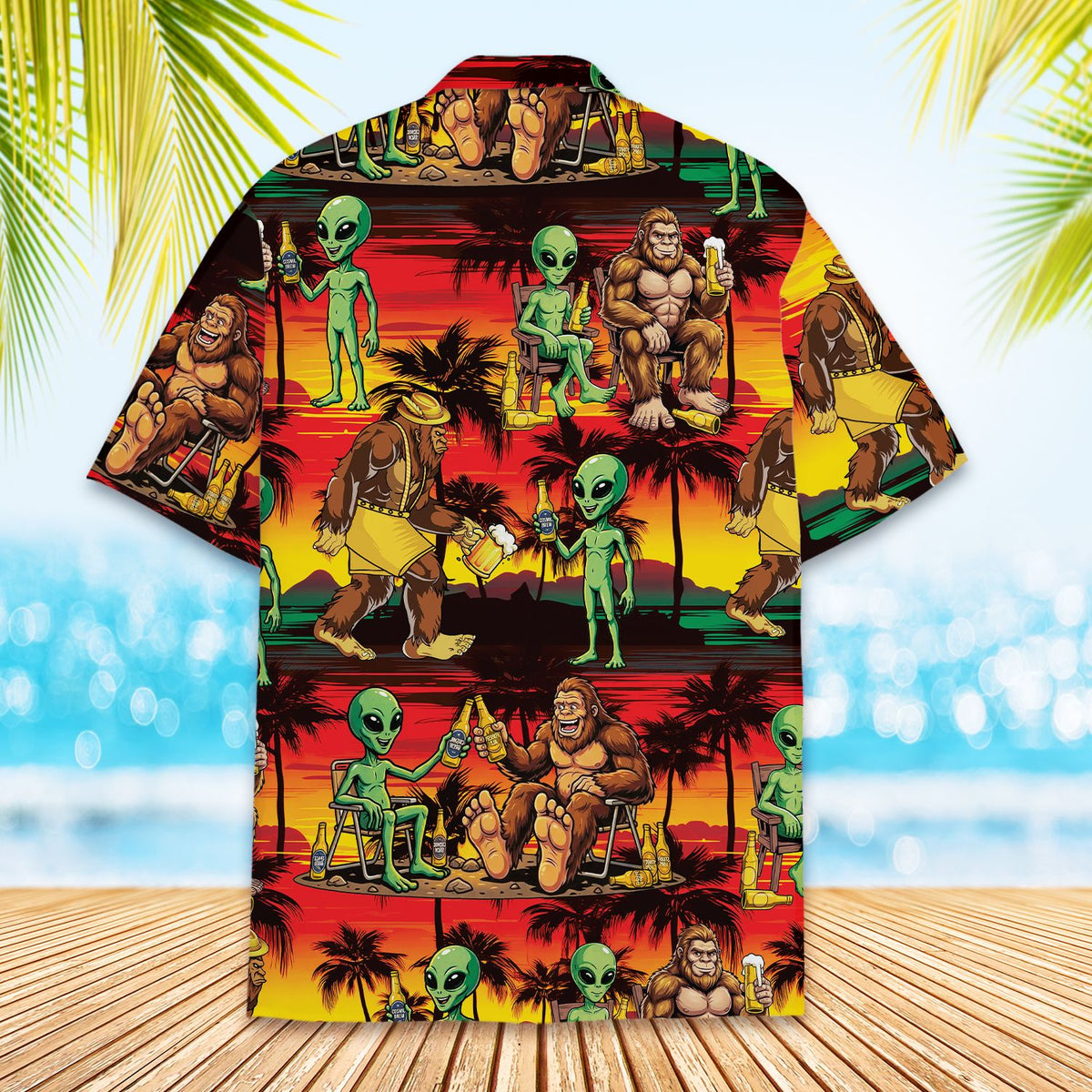 Detailed back view of the vibrant summer sunset hawaiian shirt