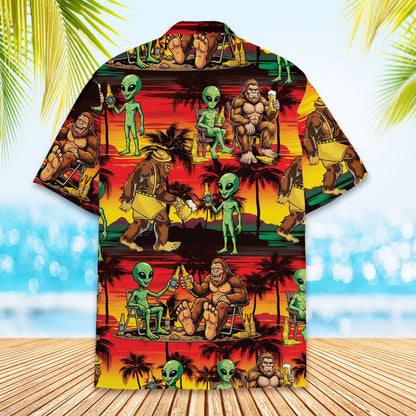 Detailed back view of the vibrant summer sunset hawaiian shirt