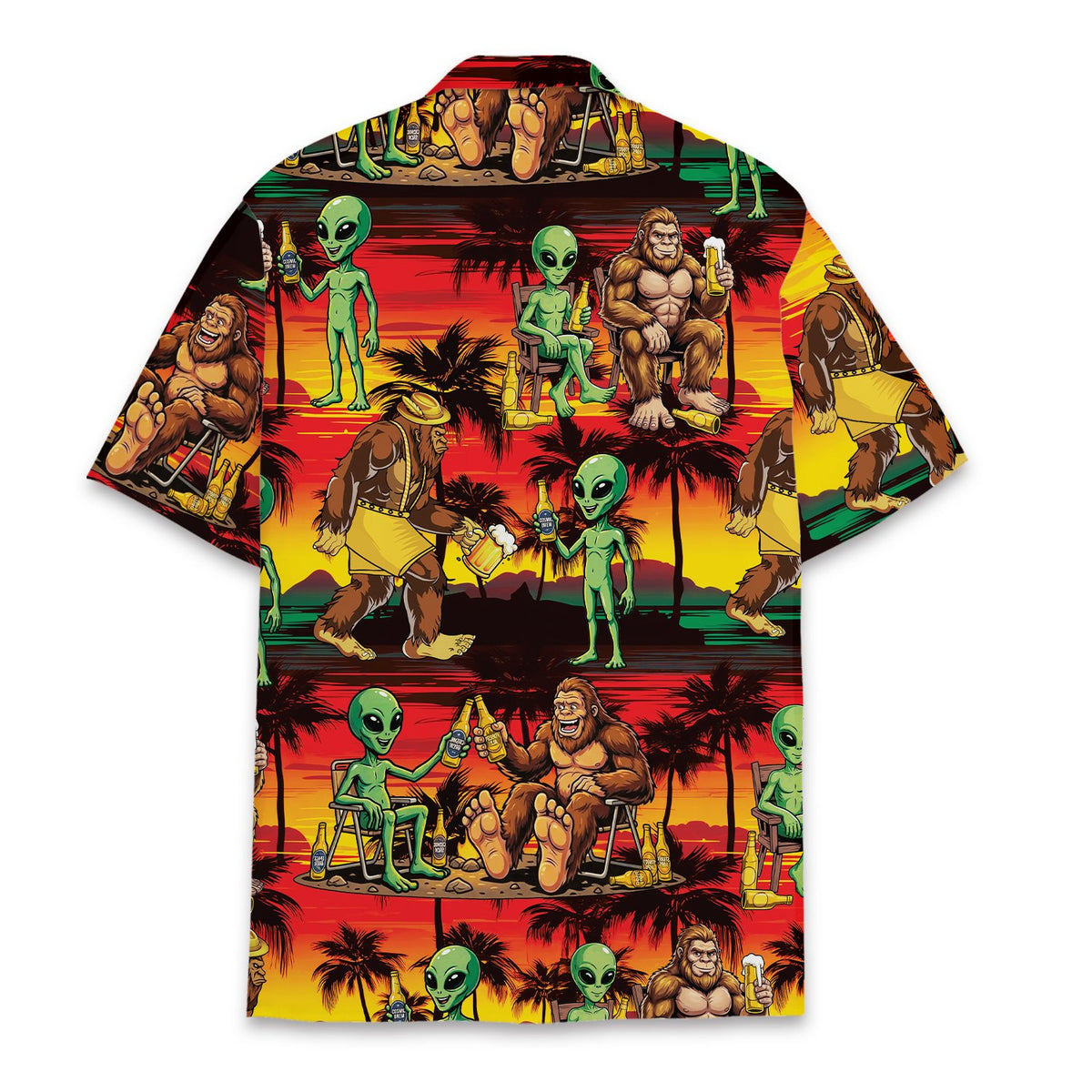 Back view of the aliens and bigfoot hawaiian shirt showing palm trees and sunset pattern