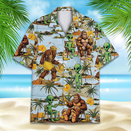 Main view of the aliens and bigfoot hawaiian shirt featuring a tropical beach scene