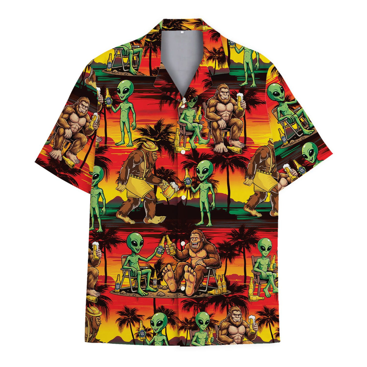 Front view of the aliens and bigfoot hawaiian shirt with gradient red, yellow, and green colors