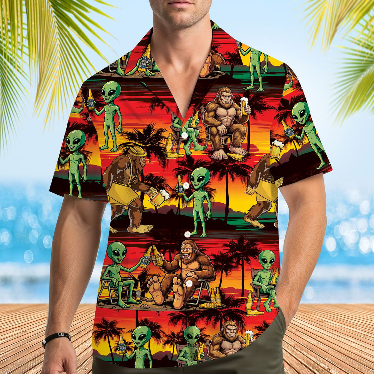 Second lifestyle view of the aliens and bigfoot matching family hawaiian shirts