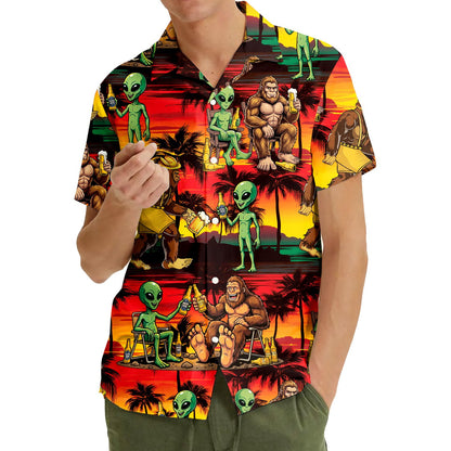 Third lifestyle view of the summer beach aliens and bigfoot hawaiian shirt