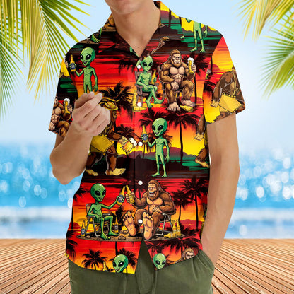 Fourth lifestyle view of the colorful abstract bigfoot and aliens hawaiian shirt