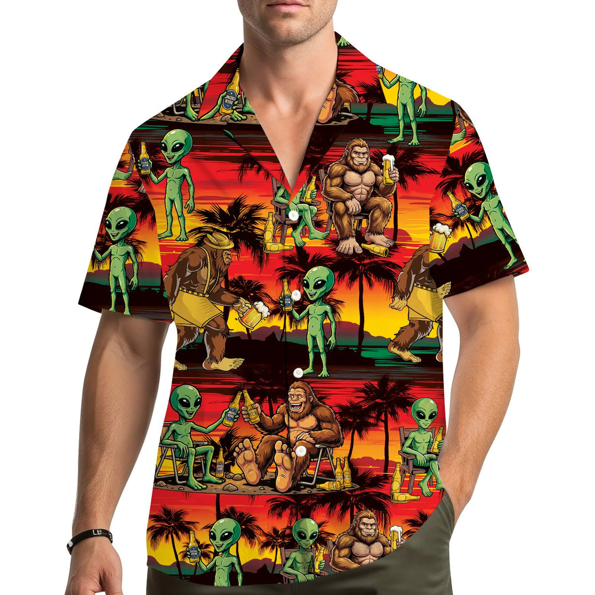 Lifestyle image of an adult wearing the matching family hawaiian shirts design at the beach