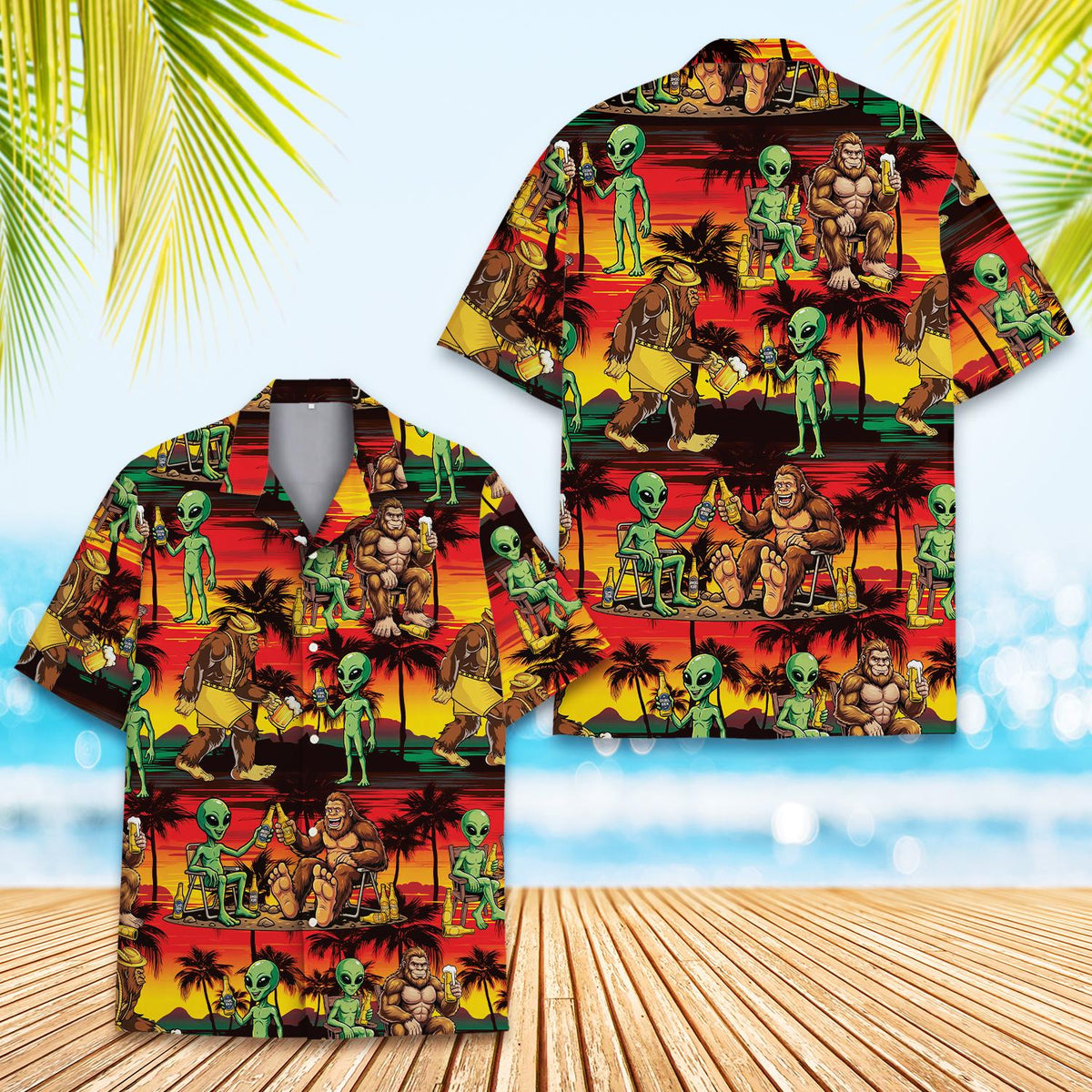 Close-up detail of the polyester fabric and vibrant print on the hawaiian shirt