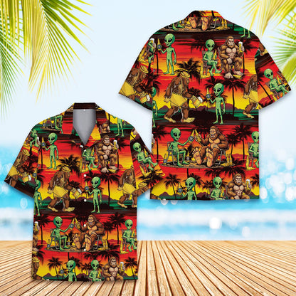 Close-up detail of the polyester fabric and vibrant print on the hawaiian shirt
